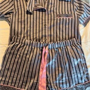Victorias Secret Gray and Pink Striped Satin Pajama Set